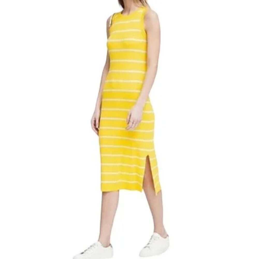 Banana Republic Knit Midi Tank Dress Size Large Striped Yellow Ribbed Side Slits